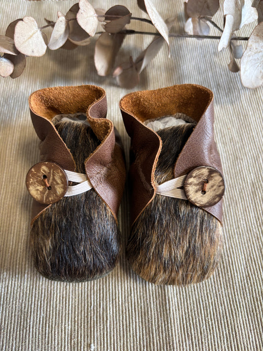 10cm Button Bootie - Dark Tan Leather & Cowhide