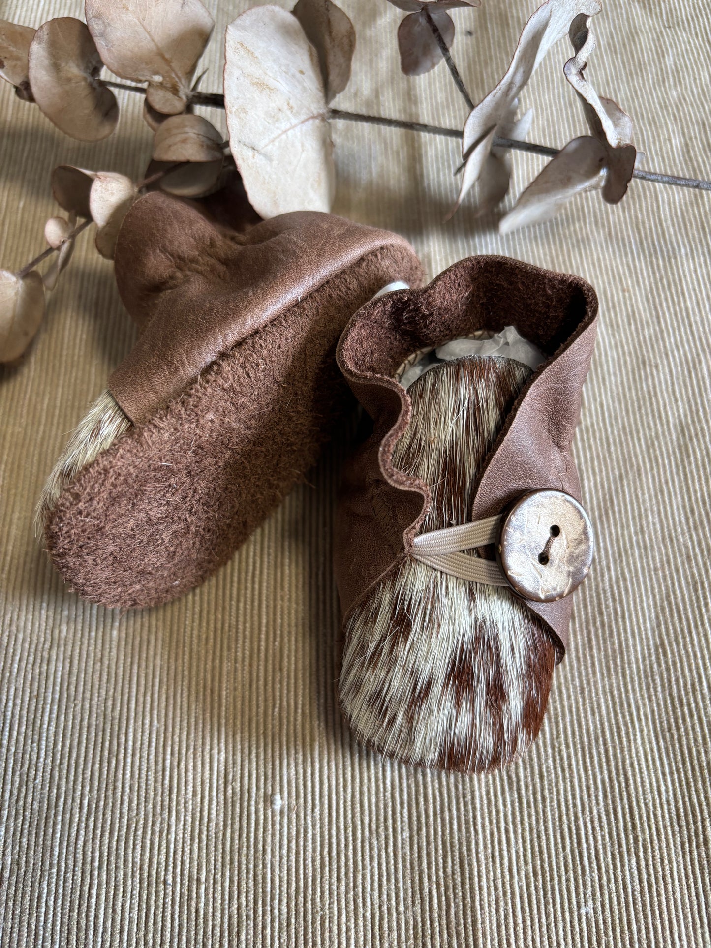 10cm Button Bootie - Brown Leather & Cowhide