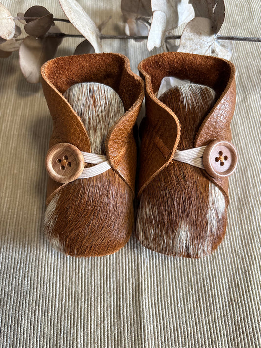 10cm Button Bootie - Tan Leather & Cowhide