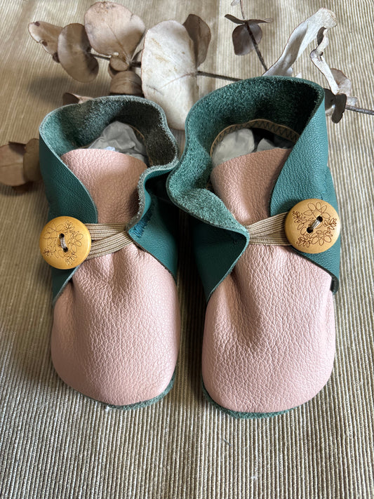 12cm Button Bootie - Jade Green & Dusty Pink Leather