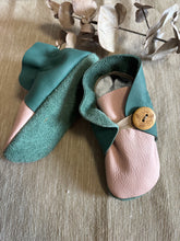 Load image into Gallery viewer, 12cm Button Bootie - Jade Green &amp; Dusty Pink Leather
