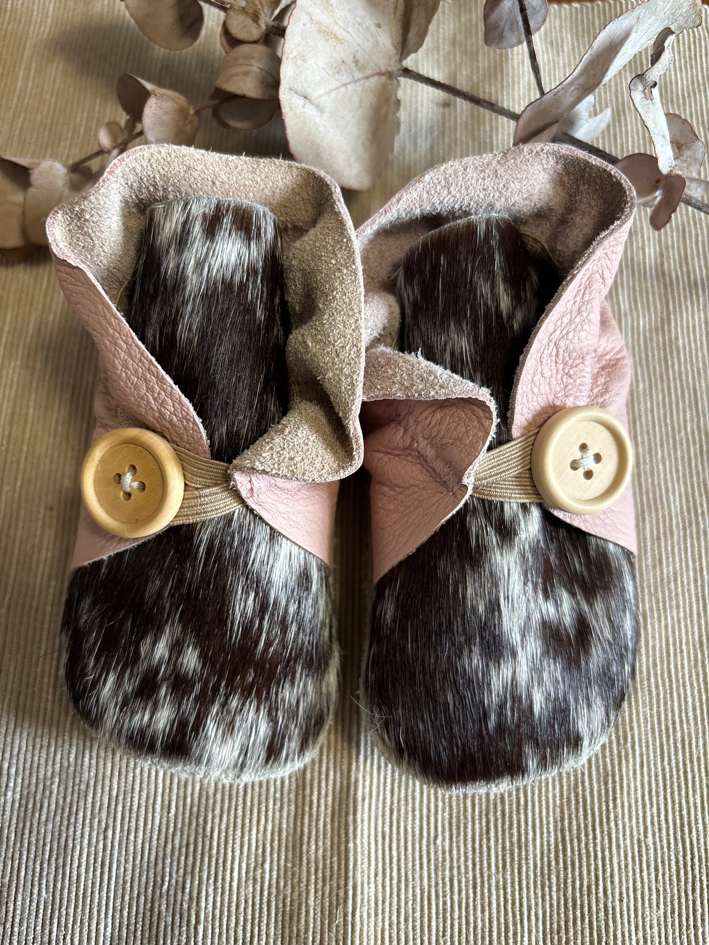 13cm Button Bootie - Pink Leather and Cowhide