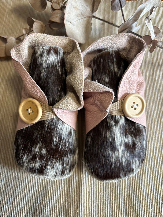 13cm Button Bootie - Pink Leather and Cowhide