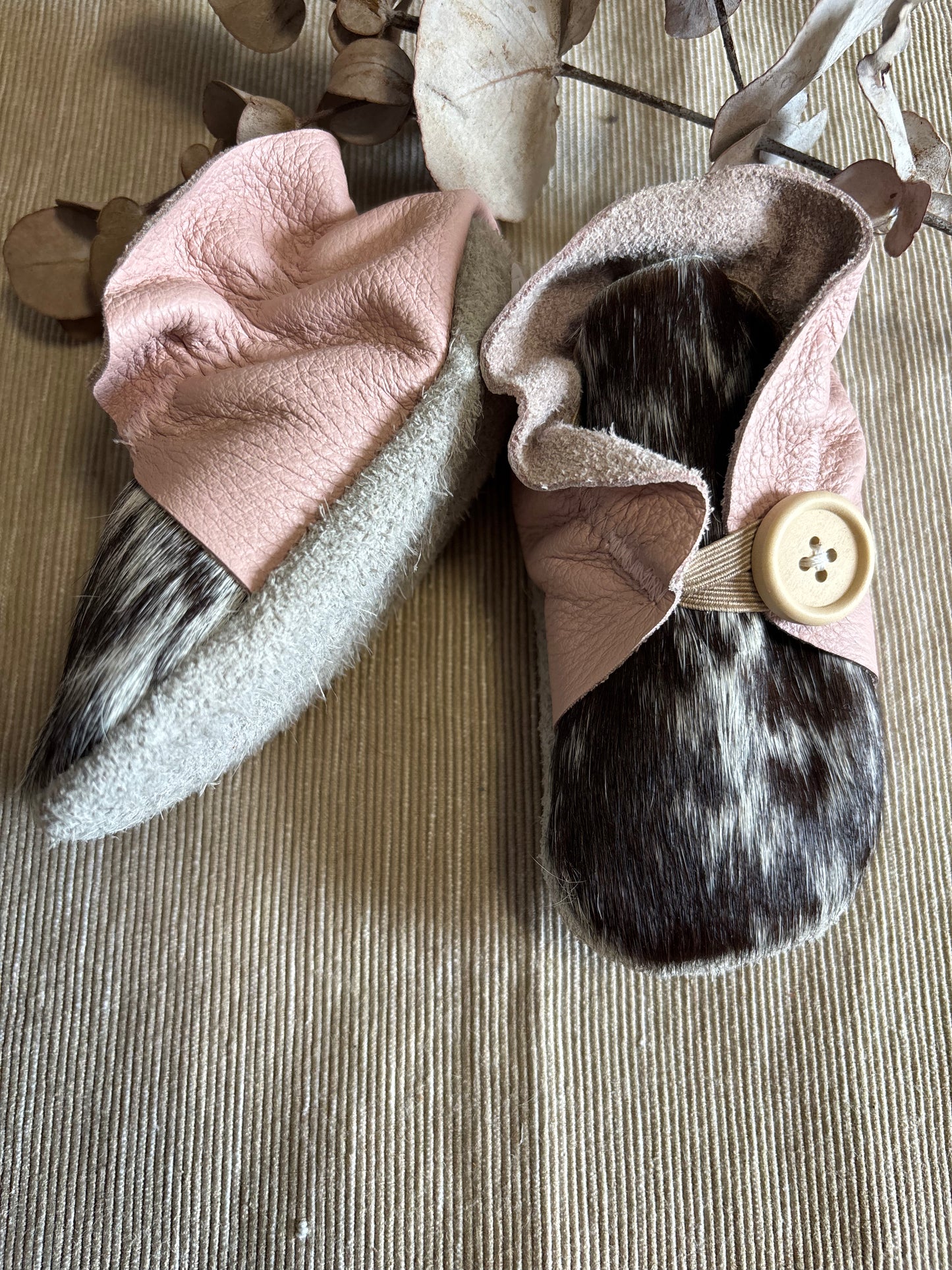 13cm Button Bootie - Pink Leather and Cowhide