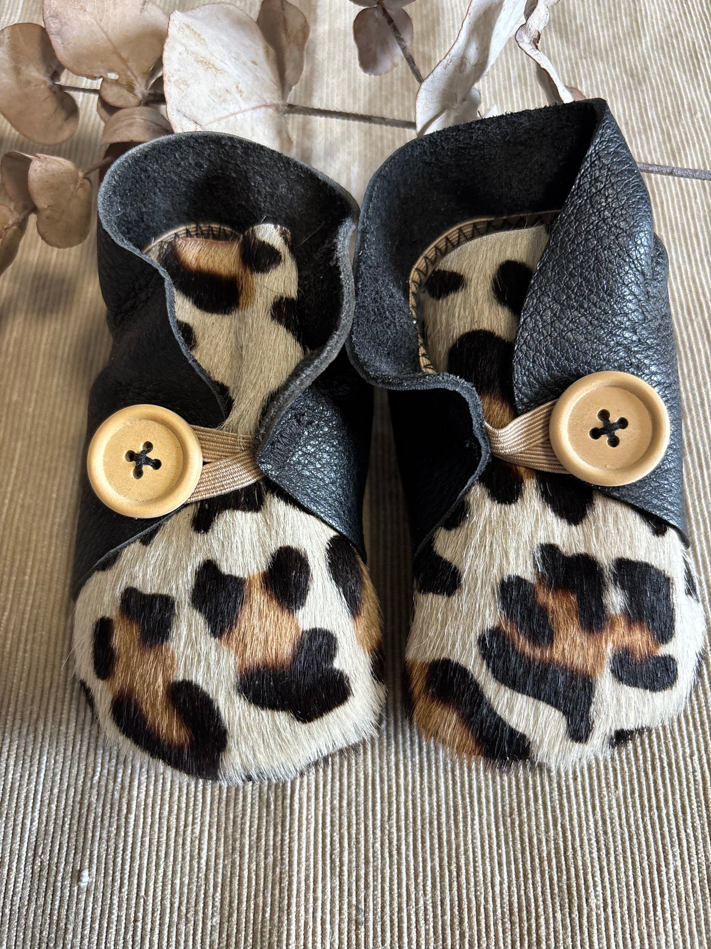 12cm Button Bootie - Black Leather & Painted Leopard Print Cowhide
