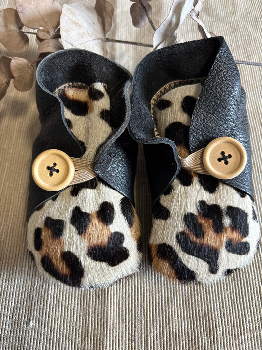 12cm Button Bootie - Black Leather & Painted Leopard Print Cowhide