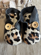 Load image into Gallery viewer, 12cm Button Bootie - Black Leather &amp; Painted Leopard Print Cowhide
