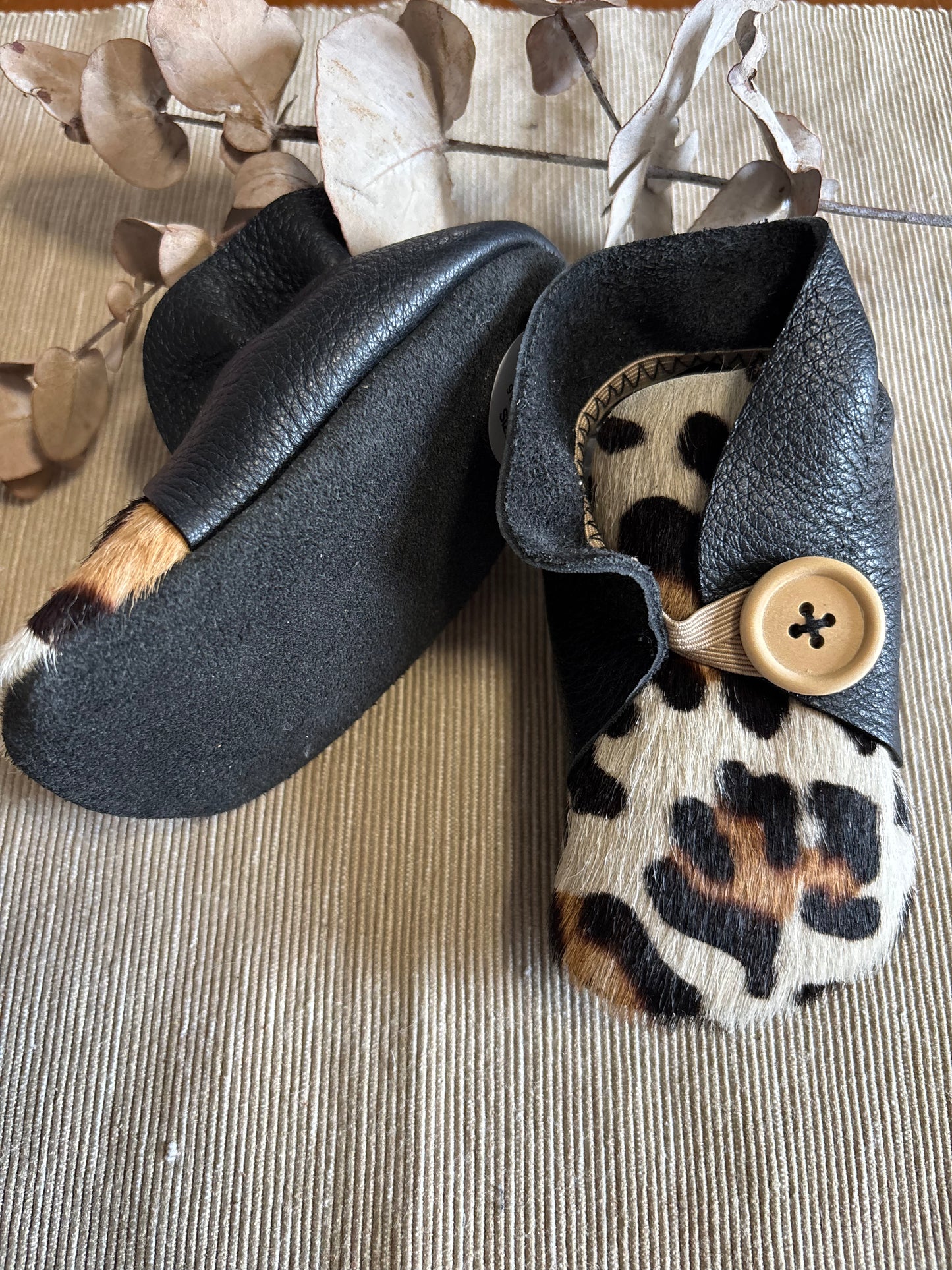 12cm Button Bootie - Black Leather & Painted Leopard Print Cowhide