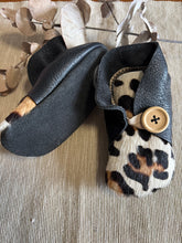 Load image into Gallery viewer, 12cm Button Bootie - Black Leather &amp; Painted Leopard Print Cowhide
