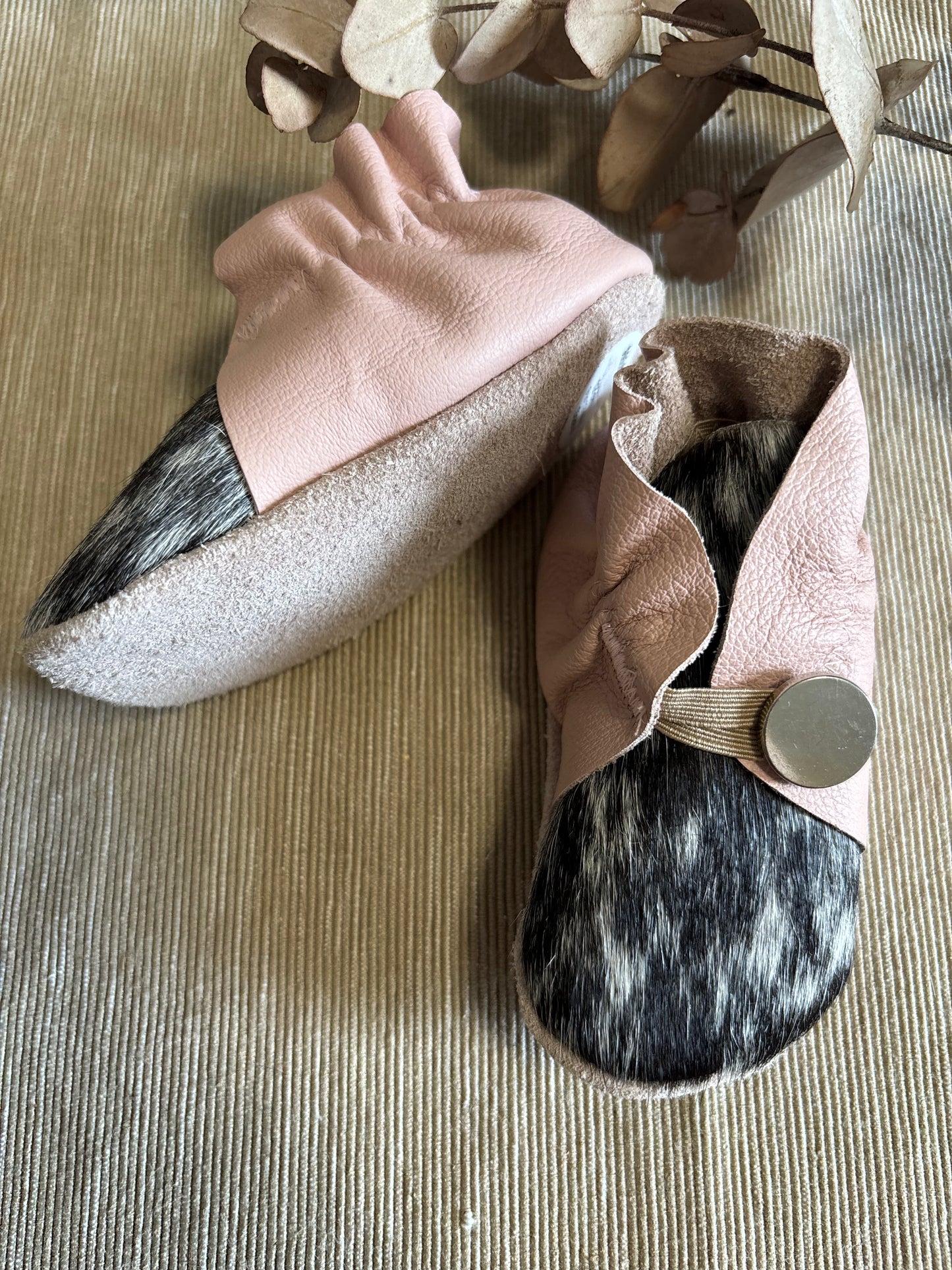 12cm Button Bootie - Pink Leather and Cowhide