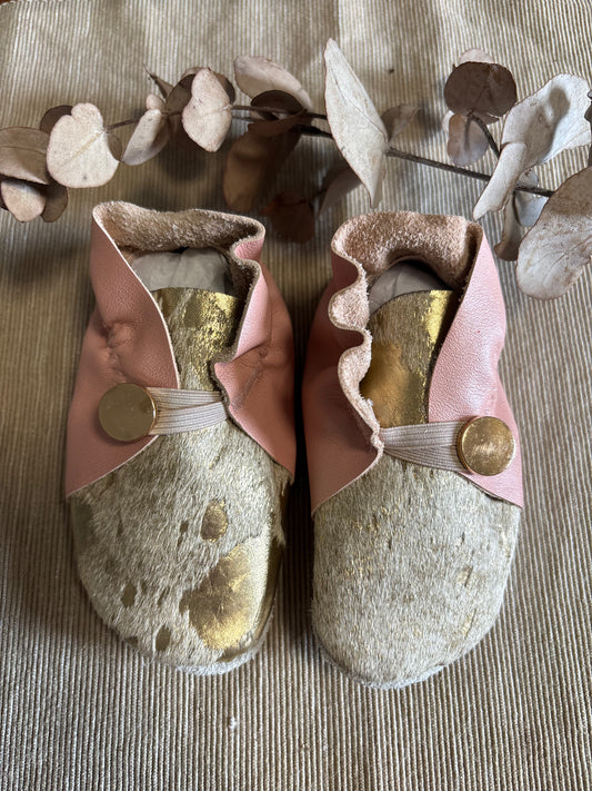 13cm Button Bootie - Pink Leather and Gold Cowhide