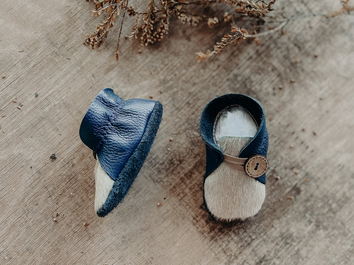 Button Bootie - Navy & Cream Cowhide