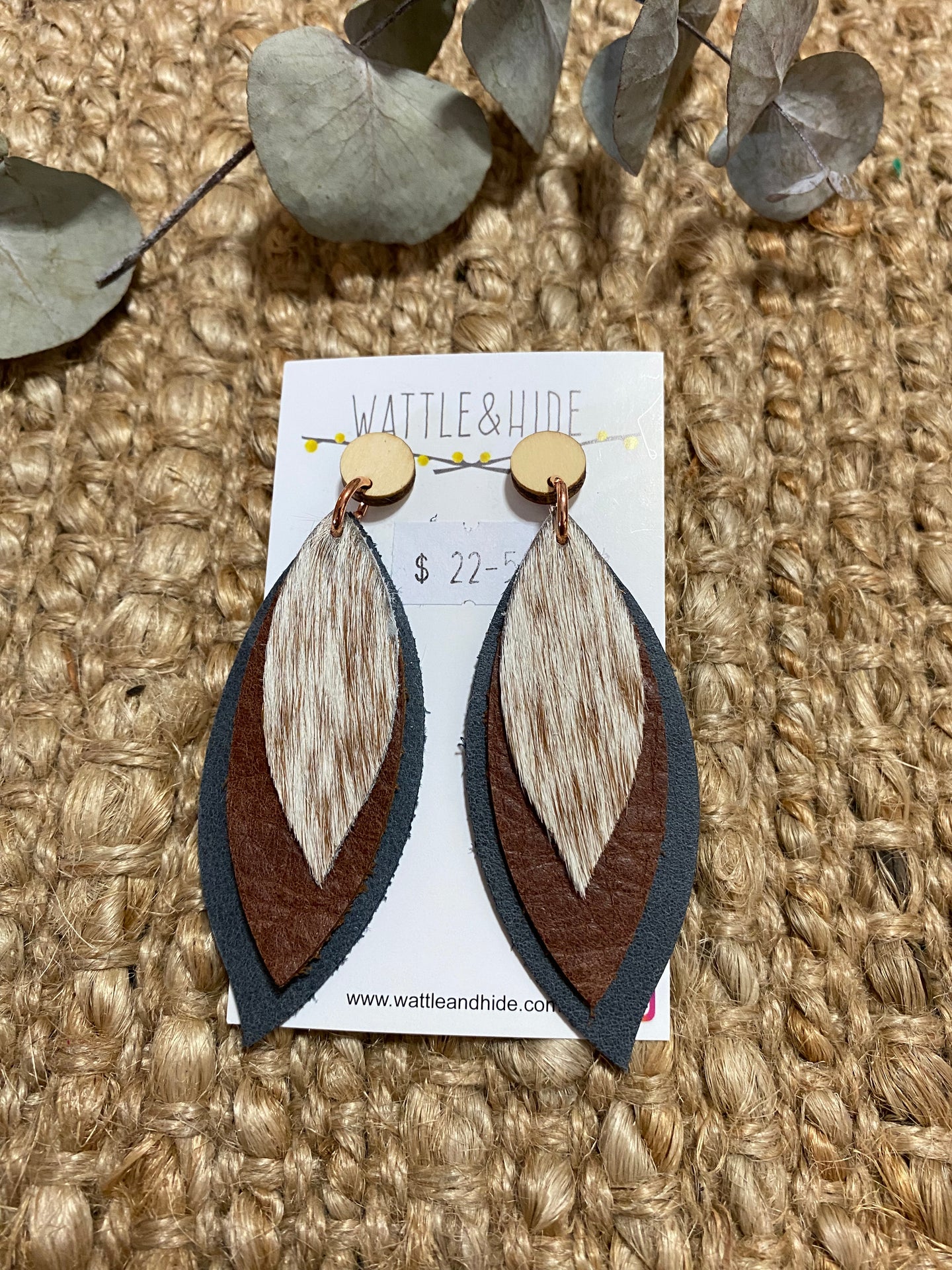 Leather and Cowhide Leaf Earrings