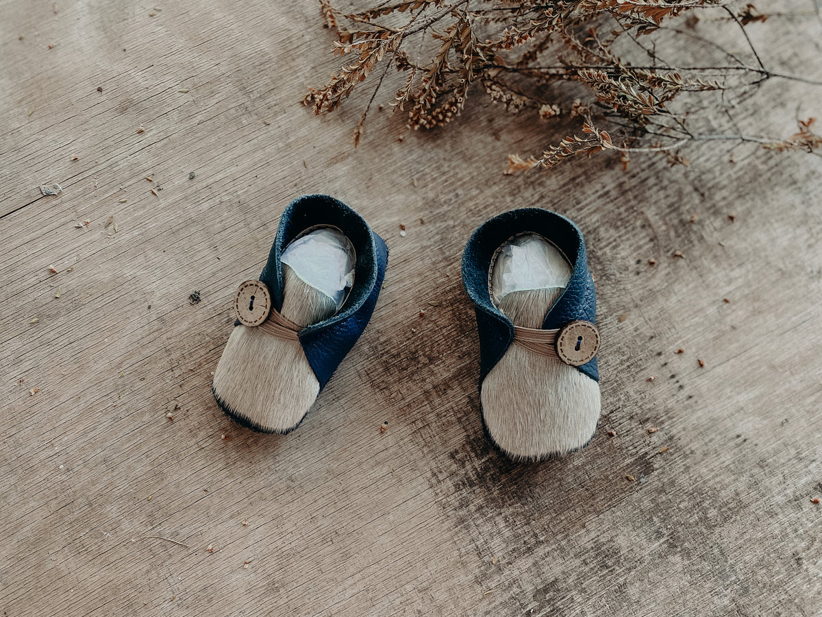Button Bootie - Navy & Cream Cowhide